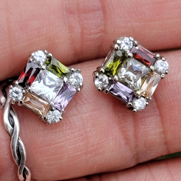 Jewelry - Stunning sparkling multi colored topaz 925 sterling silver diamond earrings
